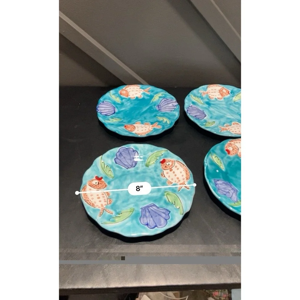 La Musa Italy Set of 7 Hand Painted Fish Seashell 8 inch Salad Dessert Plates